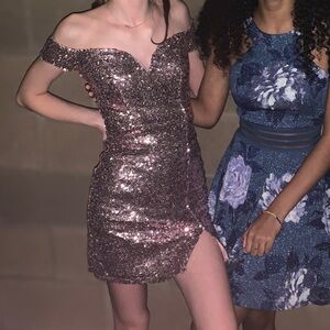 Pink sequin off the shoulder mini dress